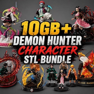 Puede incluir: Una colección de figuras detalladas de personajes de la serie "Demon Hunter". La imagen presenta múltiples figuras con poses dinámicas, colores vibrantes y diseños intrincados. El texto en la imagen dice "10GB+ DEMON HUNTER CHARACTER STL BUNDLE."