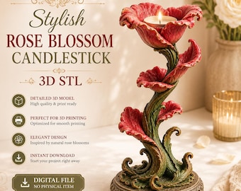 Puede incluir: Un archivo de modelo 3D digital para un candelabro de flor de rosa. El diseño presenta un portavelas rojo con forma de flor sobre un tallo verde texturizado con una base decorativa. Texto: Stylish ROSE BLOSSOM CANDLESTICK 3D STL, DIGITAL FILE NO PHYSICAL ITEM.
