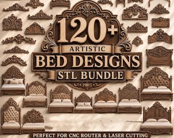 May include: A digital collection of 120+ artistic bed designs in an STL bundle for CNC routers and laser cutting. The image displays numerous ornate wooden headboard patterns and several complete bed frames with tufted or carved details.