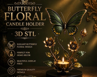 Fjärilsblommig ljusstake i STL | Elegant fjärilsljusdekoration (digital nedladdning)