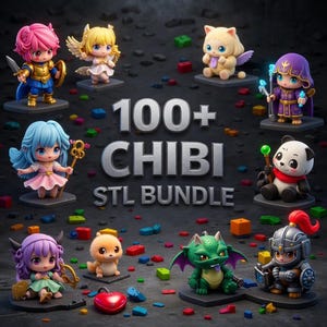Puede incluir: Una colección de coloridas figuras chibi, incluyendo un caballero, un panda y un dragón, se exhibe sobre una superficie oscura. El texto "100+ CHIBI STL BUNDLE" se destaca. Varios pequeños bloques coloridos están dispersos alrededor de las figuras.