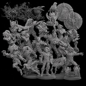 May include: A collection of detailed, gray miniature figures, including warriors, mythical creatures, and decorative elements. The figures are posed dynamically, suggesting action and conflict. A raven and an owl are also included.
