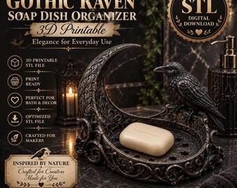 Jabonera gótica con forma de cuervo y luna creciente (archivo STL) / Decoración de baño de fantasía oscura (descarga digital)