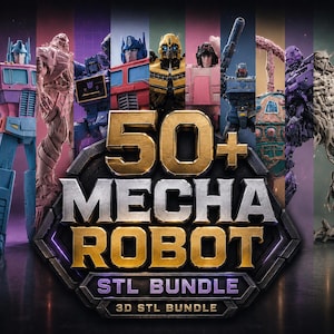 Puede incluir: Un gráfico digital que muestra varias figuras de robots mecha frente a paneles verticales coloridos. El texto central dice 50+ MECHA ROBOT STL BUNDLE 3D STL BUNDLE en letras negritas, metálicas, doradas y plateadas sobre un marco hexagonal oscuro.