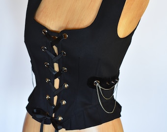 Steampunk Gothic Vest - Burning man festival steam punk Victorian clothing black corset