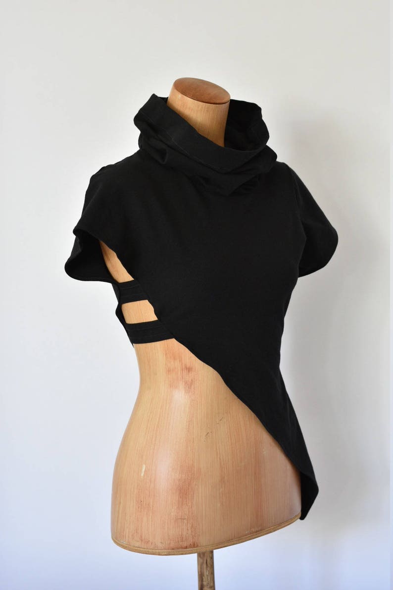 Contemporary Steampunk Asymmetrical Modern Black Top Burning Man Womens Festival Costume Cotton Clothing Cowl Neck image 3