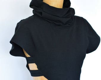 Contemporary Steampunk Asymmetrical Modern Black Top Burning Man Womens Festival Costume Cotton Clothing Cowl Neck