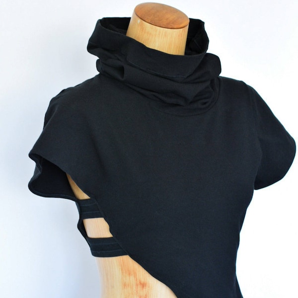 Contemporary Steampunk Asymmetrical Modern Black Top Burning Man Womens Festival Costume Cotton Clothing Cowl Neck