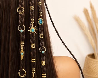 Turquoise Dreadlock Hair Beads, Boho Braid Hair Rings, Viking Loc Jewelry Cuffs