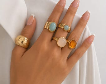 Retro Gold Ring Set for Women, Boho Adjustable Open Rings, Chunky Irregular Statement Jewelry, Y2K Aesthetic Fashion Gift