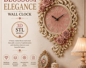 May include: A wall clock featuring a pink face with Roman numerals and black hands, surrounded by an ornate cream-coloured frame decorated with sculpted pink roses. The image includes text: BLOSSOM ELEGANCE WALL CLOCK, 3D STL MODEL, and other details.