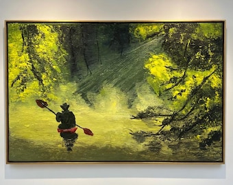 Pintura del lago del Bosque Dorado / Paisaje en acrílico con un kayakista solitario