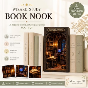 May include: A Wizard Study book nook 3D printable STL file featuring a miniature dark wood library interior with shelves, a desk, an open book, and a glowing blue crystal ball. The design includes warm LED lighting and intricate architectural details.