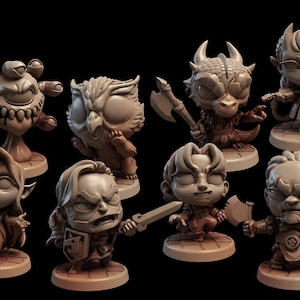 Könnte beinhalten: Eine Sammlung von acht Miniatur-Fantasy-Figuren. Jede Figur stellt einen anderen Charakter dar, darunter eine Eule, ein Drache und ein Betrachter. Die Figuren sind braun und stehen auf kleinen, quadratischen Sockeln. Die Charaktere halten Waffen.