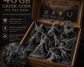 May include: A box displaying several grey 3D-printed Greek god figurines. The box also contains a CD with the text "40 GB Greek Gods STL File Data." The box has text that reads "Build Legends, Print Immortals."