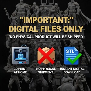 May include: Image promoting digital files for 3D printing. Text reads "IMPORTANT: DIGITAL FILES ONLY" and "NO PHYSICAL PRODUCT WILL BE SHIPPED." Includes icons for 3D printing, a box with a red X, and an STL file with a checkmark.