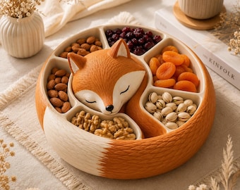 May include: A ceramic serving platter in the shape of a sleeping fox, with sections containing nuts and dried fruit. The fox is orange and white, with a black nose and closed eyes. The dish is on a beige surface.