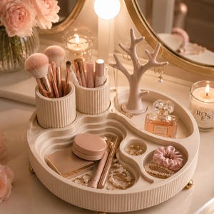 Puede incluir: Una bandeja de tocador color crema con patas doradas, que contiene brochas de maquillaje, cosméticos, joyas y un frasco de perfume. También hay un joyero decorativo en forma de árbol y una vela encendida. La estética general es suave y femenina.