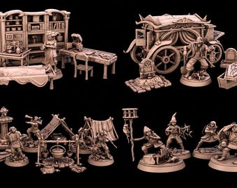 Paquete de archivos STL de campamento de fantasía y personajes / Conjunto inspirado en una caravana viajera (descarga digital)