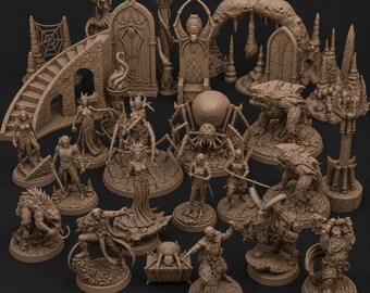 Paquete STL de fantasía oscura / Miniaturas de la Reina Araña, Terreno de mazmorra (Descarga digital)