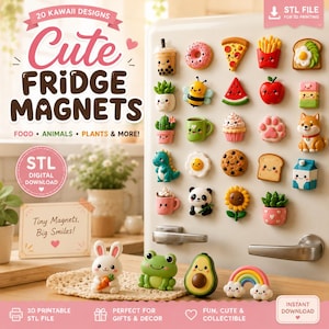 May include: A collection of twenty 3D printable STL files for fridge magnets featuring kawaii designs including food, animals, and plants. The magnets display various characters like a panda, frog, avocado, rainbow, and dinosaur with smiling faces.