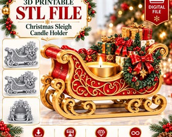May include: A 3D printable STL file for a Christmas sleigh candle holder. The design features a red and gold sleigh filled with wrapped gift boxes, a wreath with a red bow, and a central circular opening for a tea light candle.