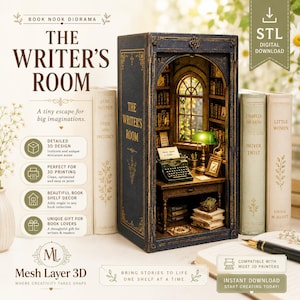 以下が含まれることがあります： The Writer's Roomというタイトルの3Dプリント可能なブックヌックジオラマ。デスク、タイプライター、緑色のランプ、本棚を備えたミニチュアの書斎が、金色の装飾が施された濃い青色の本型のフレームの中に収められています。