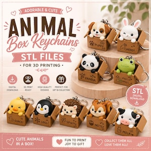 Op de afbeelding: Een collectie dierensleutelhangers met een puppy, konijn, panda, kikker, kuiken, pinguïn, egel, eekhoorn en koe, elk in een kleine bruine doos met tekst en iconen. De tekst luidt ADORABLE & CUTE ANIMAL Box Keychains STL FILES.
