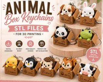 May include: A collection of animal keychains featuring a puppy, rabbit, panda, frog, chick, penguin, hedgehog, squirrel, and cow, each sitting inside a small brown box with text and icons. The text reads ADORABLE & CUTE ANIMAL Box Keychains STL FILES.