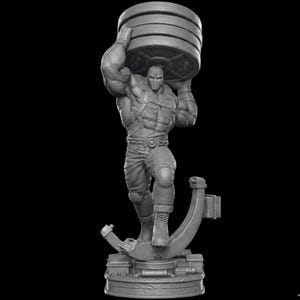 May include: A gray figurine of a muscular figure wearing a mask and lifting a stack of weight plates. The figure is posed on a platform with a stylized support structure. The overall design is detailed and sculpted.