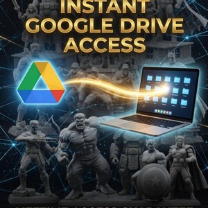 May include: A promotional image with the text "INSTANT GOOGLE DRIVE ACCESS" in gold lettering. A laptop displays a Google Drive interface. Superhero statues surround the text and laptop. The Google Drive logo is also featured.