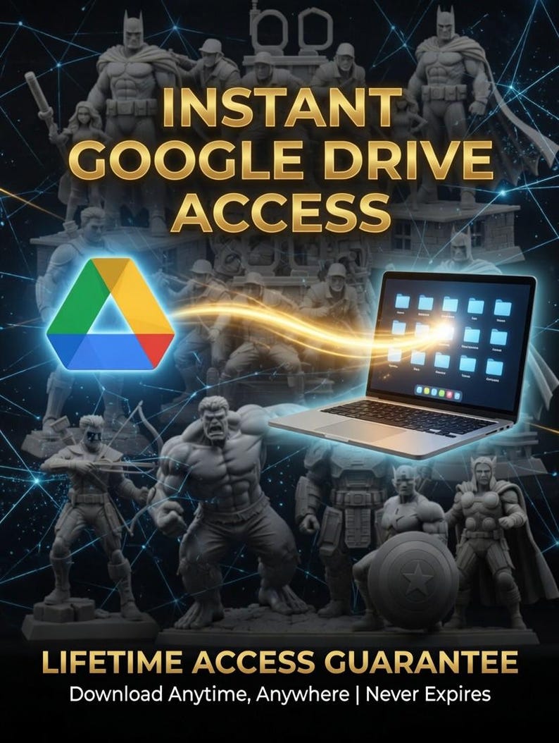 May include: A promotional image with the text "INSTANT GOOGLE DRIVE ACCESS" in gold lettering. A laptop displays a Google Drive interface. Superhero statues surround the text and laptop. The Google Drive logo is also featured.