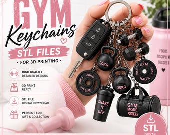 May include: A set of gym-themed keychains featuring miniature black fitness equipment including a car key fob, kettlebells labelled 20KG, weight plates, a shaker bottle with the text SHAKE IT OFF, and a gym bag labelled GYM MODE ON.