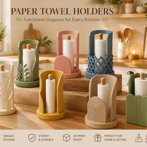 Puede incluir: Siete portarrollos de papel de cocina en varios colores, incluyendo crema, verde oliva, amarillo mostaza, rosa empolvado, azul marino y beige. Cada soporte cuenta con un eje central de madera y un diseño de base único, como arcos, celosía u hojas.