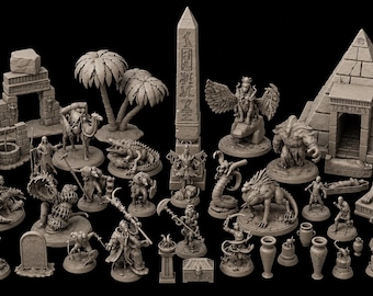 Op het oude Egypte geïnspireerde miniaturen STL-bundel | Fantasiewoestijn en wezens (digitale download)