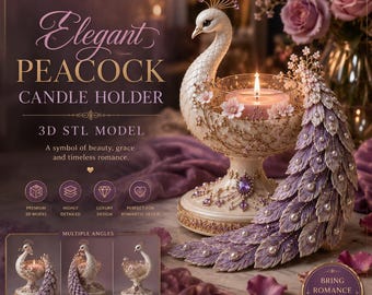 May include: A 3D STL model of an elegant peacock candle holder featuring a white peacock figure with a long, flowing tail in shades of purple and white, adorned with small pearls and a central purple gem, holding a lit candle in a glass cup.