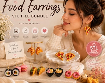 May include: A digital bundle of 10 food-themed earring designs for 3D printing, featuring miniature models of pizza slices, croissants, tacos, ramen bowls, donuts, sushi rolls, macarons, dumplings, and cheese wedges with gold-toned earring hooks.