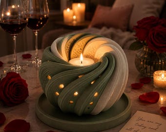May include: A ceramic candle holder in a swirling design, featuring green and white sections, with a lit tea light inside. The holder is on a green base, with wine glasses and roses creating a romantic atmosphere.