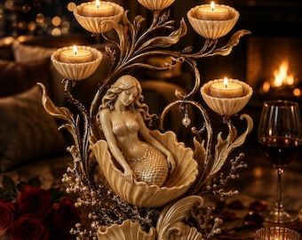 May include: A decorative candle holder featuring a mermaid figure seated within a large shell. The structure includes five shell-shaped candle cups supported by ornate, vine-like branches. The base is detailed with coral, smaller shells, and a starfish.