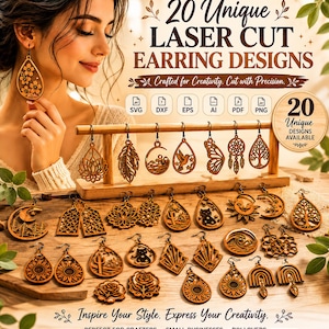 Op de afbeelding: Een collectie van 20 unieke lasergesneden houten oorbellen, gepresenteerd op een houten standaard en een houten oppervlak. De afbeelding bevat de tekst 20 Unique Laser Cut Earring Designs, bestandsformaat iconen en Inspire Your Style.