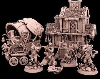 Paquete STL de caravana y aldea de fantasía / Conjunto inspirado en la carreta de mercaderes ambulantes (descarga digital)