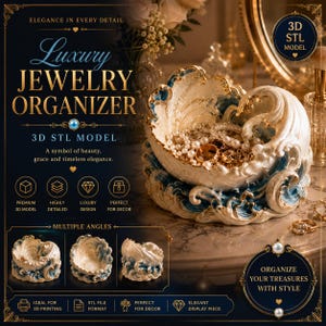 Könnte beinhalten: Ein 3D-STL-Modell eines Schmuckorganizers in Form einer stilisierten Meereswelle. Die weiß-blaue Schale im Keramik-Look zeigt komplexe, wirbelnde Wellenkämme und goldfarbene Akzente. Die digitale Datei ist für den 3D-Druck vorgesehen.