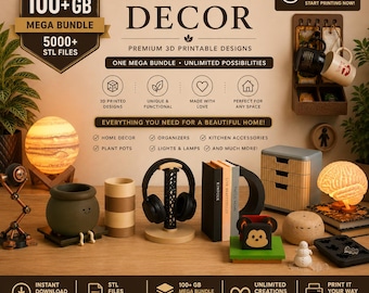 May include: An advertisement for home decor items. The image showcases 3D-printed designs, such as lamps, organisers, and kitchen accessories. Text includes "Home & Decor," "Mega Bundle," and "Instant Download."