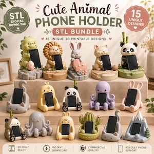 May include: A collection of 15 3D printable STL digital download files for animal-themed phone holders. The designs feature various creatures including a dinosaur, lion, rabbit, cat, panda, octopus, and cactus, each holding a smartphone.