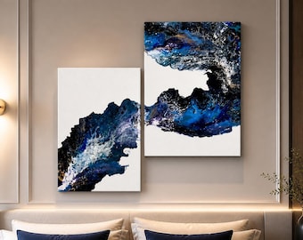 Fusión de olas: díptico de pintura acrílica fluida, arte abstracto de olas oceánicas para pared.