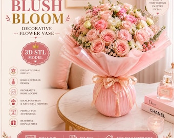 May include: A round, ribbed, light pink decorative vase holding a large bouquet of pink and white roses, carnations, and greenery. The vase features a pink ribbon bow and a hanging pearl tassel. Text includes BLUSH BLOOM and 3D STL MODEL.