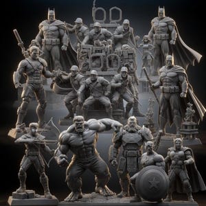 May include: A collection of gray superhero and military figurines. The figurines include Batman, Hulk, Captain America, and others, all in dynamic poses. The figures are arranged on a dark surface, creating a dramatic display.