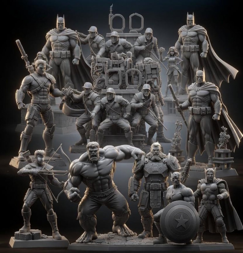 May include: A collection of gray superhero and military figurines. The figurines include Batman, Hulk, Captain America, and others, all in dynamic poses. The figures are arranged on a dark surface, creating a dramatic display.