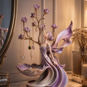 May include: A fairy-shaped jewellery holder with a flowing purple dress and large wings. The holder has a tree with purple flower accents for necklaces and a dish for rings. Gold accents are visible. The design is elegant and decorative.