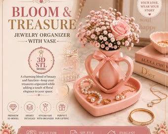 May include: A light pink heart-shaped jewellery organiser with an integrated vase, featuring a satin ribbon bow. The vase holds a bouquet of pink roses and baby's breath. The tray contains pearl necklaces, gold rings, and a bracelet. Text reads BLOOM & TREASURE.
